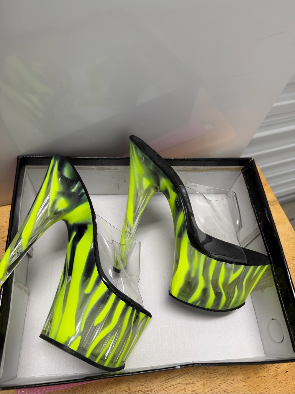 Ellie Neon Yellow Zebra Platform Heels with Clear Strap